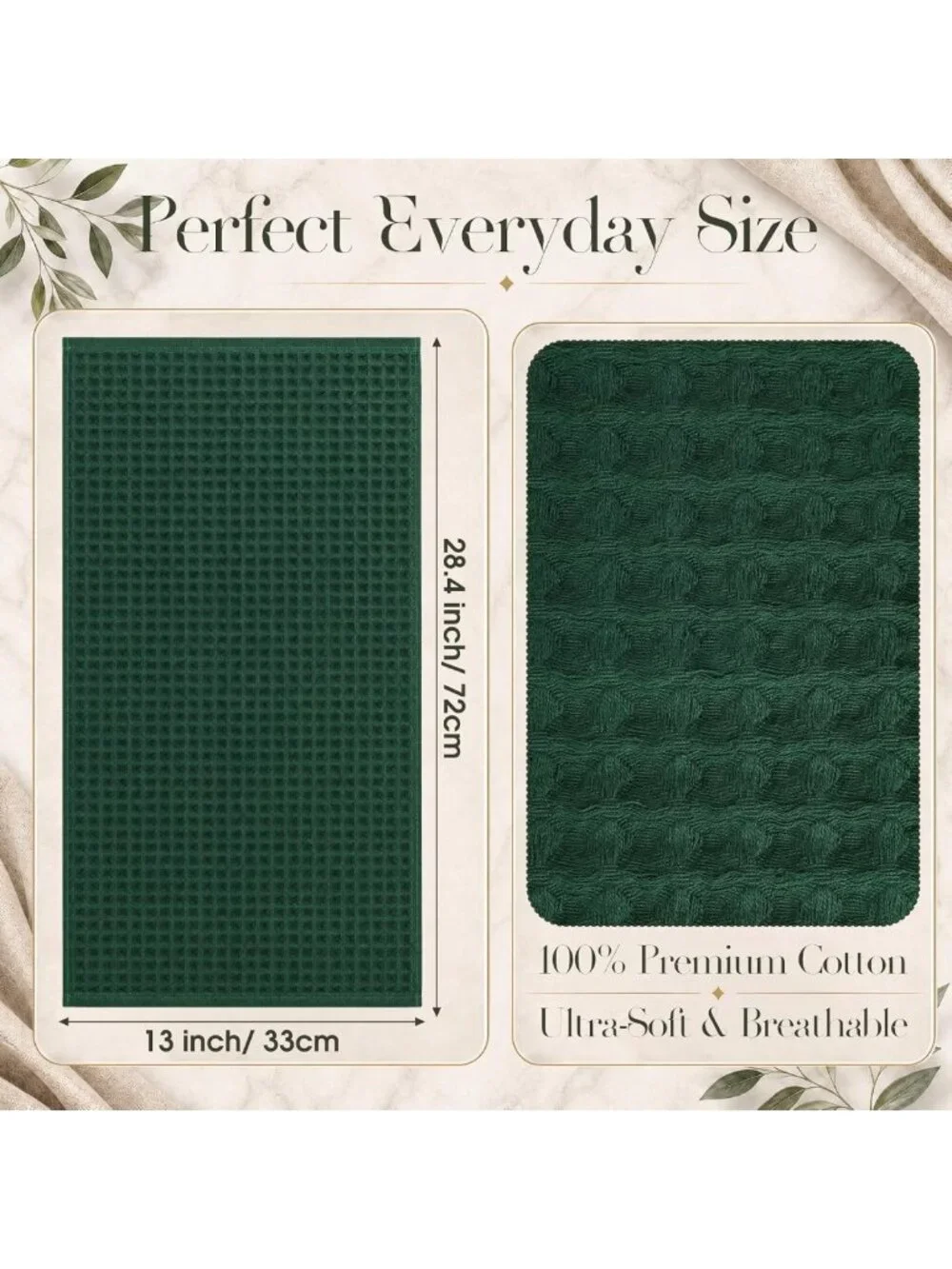 6 Pcs Dark Green Waffle Weave Hand Towels - Soft, Absorbent, Quick Dry, Boho